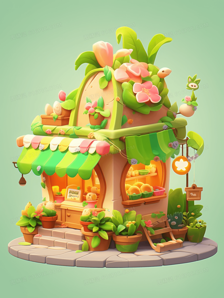 彩色3D立体C4D卡通小屋插画