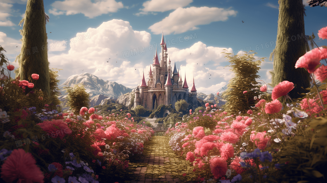 彩色唯美梦幻花园城堡风景插画