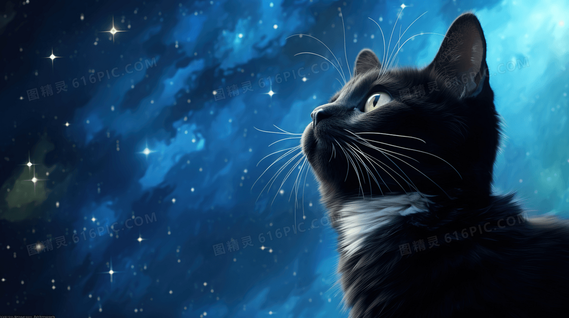 仰望天空的卡通小猫插画