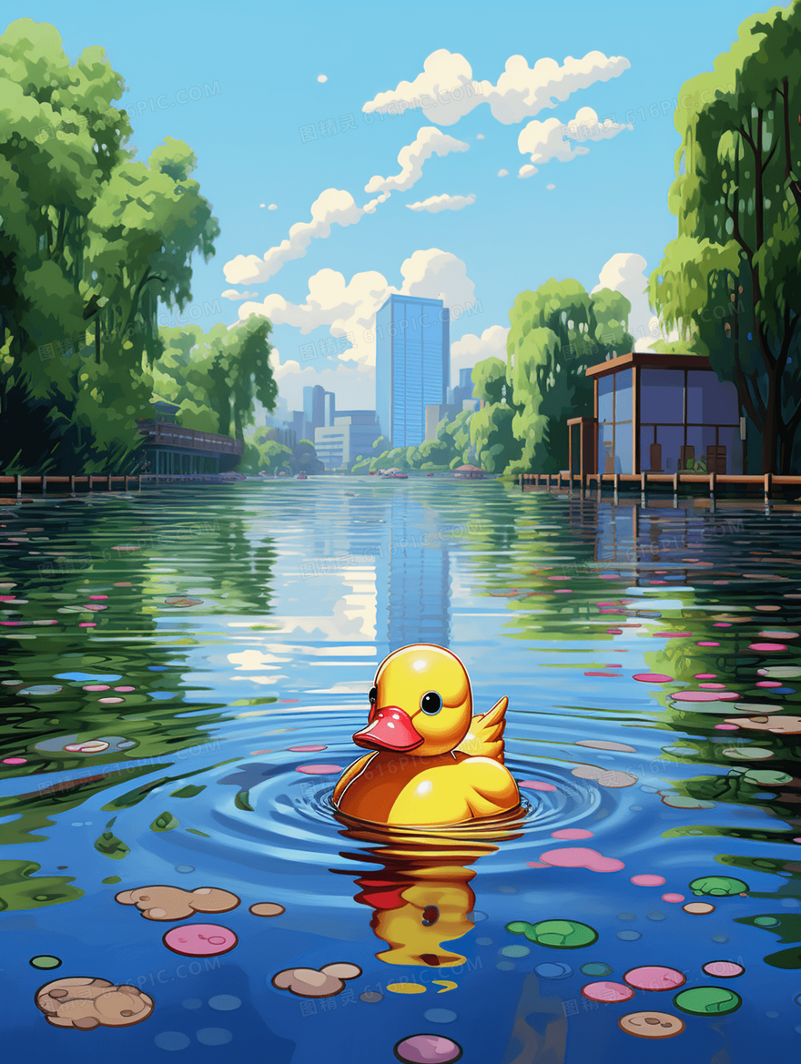 游泳的小黄鸭卡通唯美风景插画