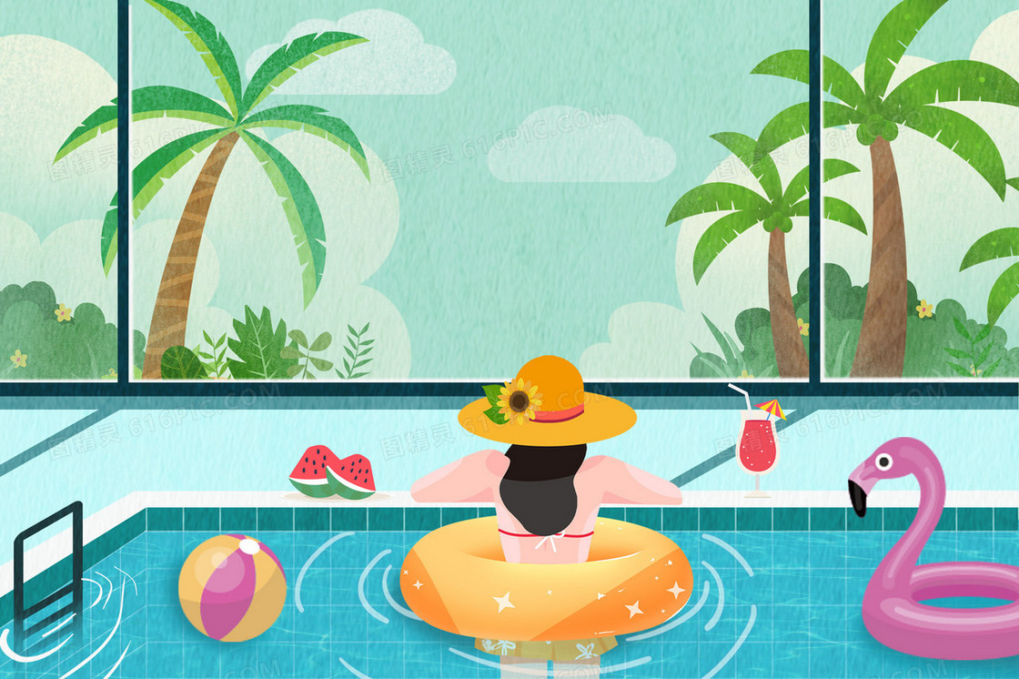 夏日游泳池女孩避暑插画海报