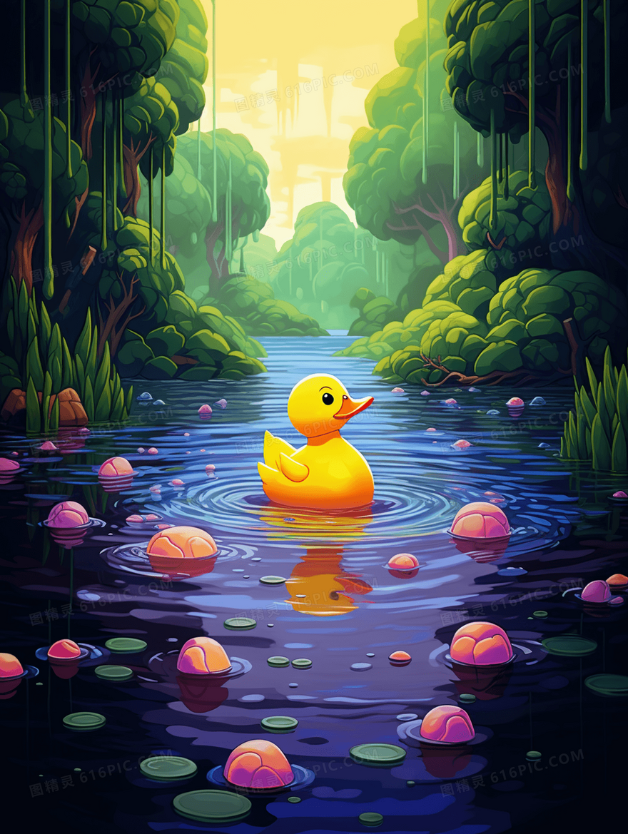 游泳的小黄鸭卡通唯美风景插画