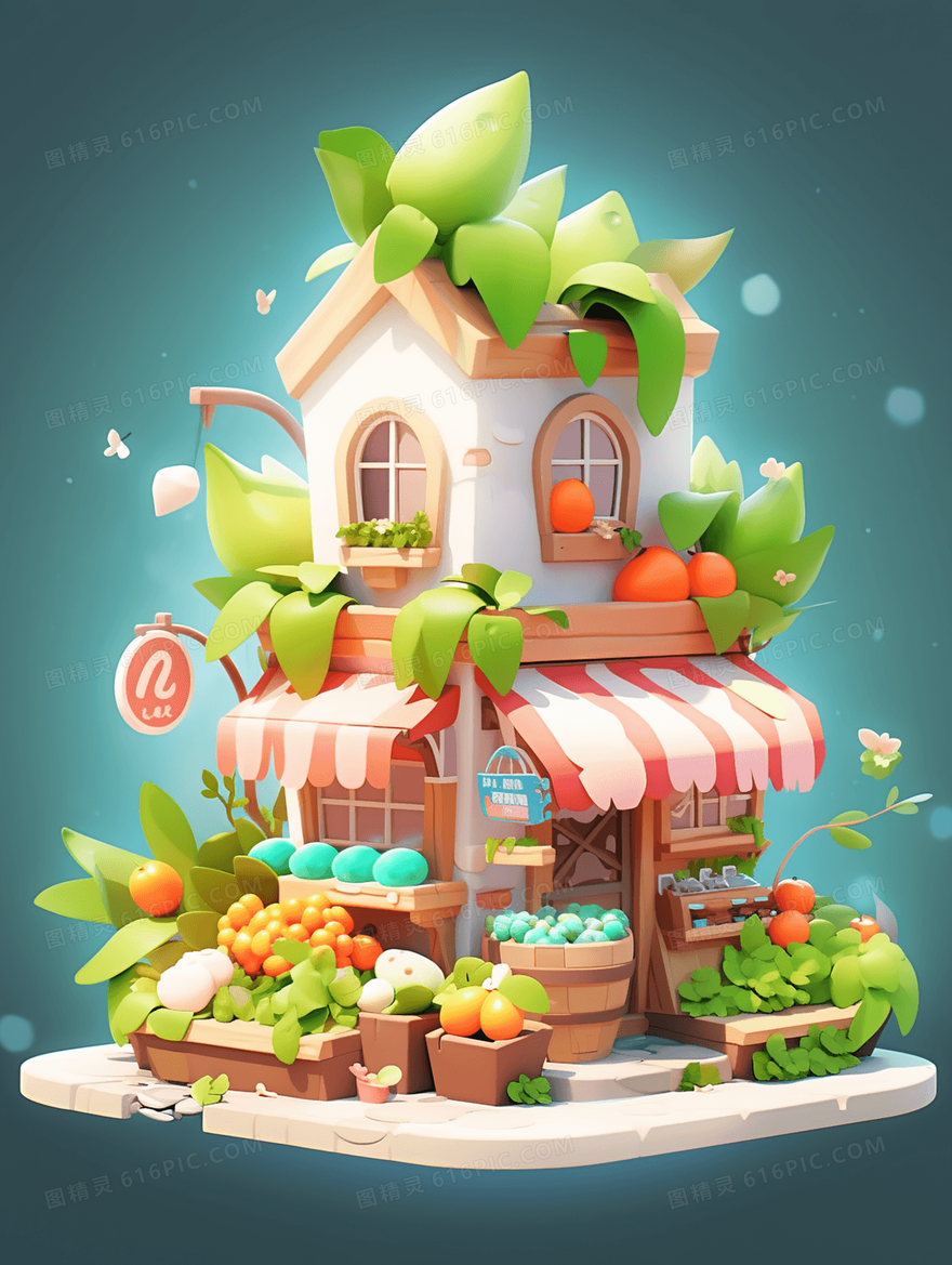 彩色3D立体C4D卡通小屋插画