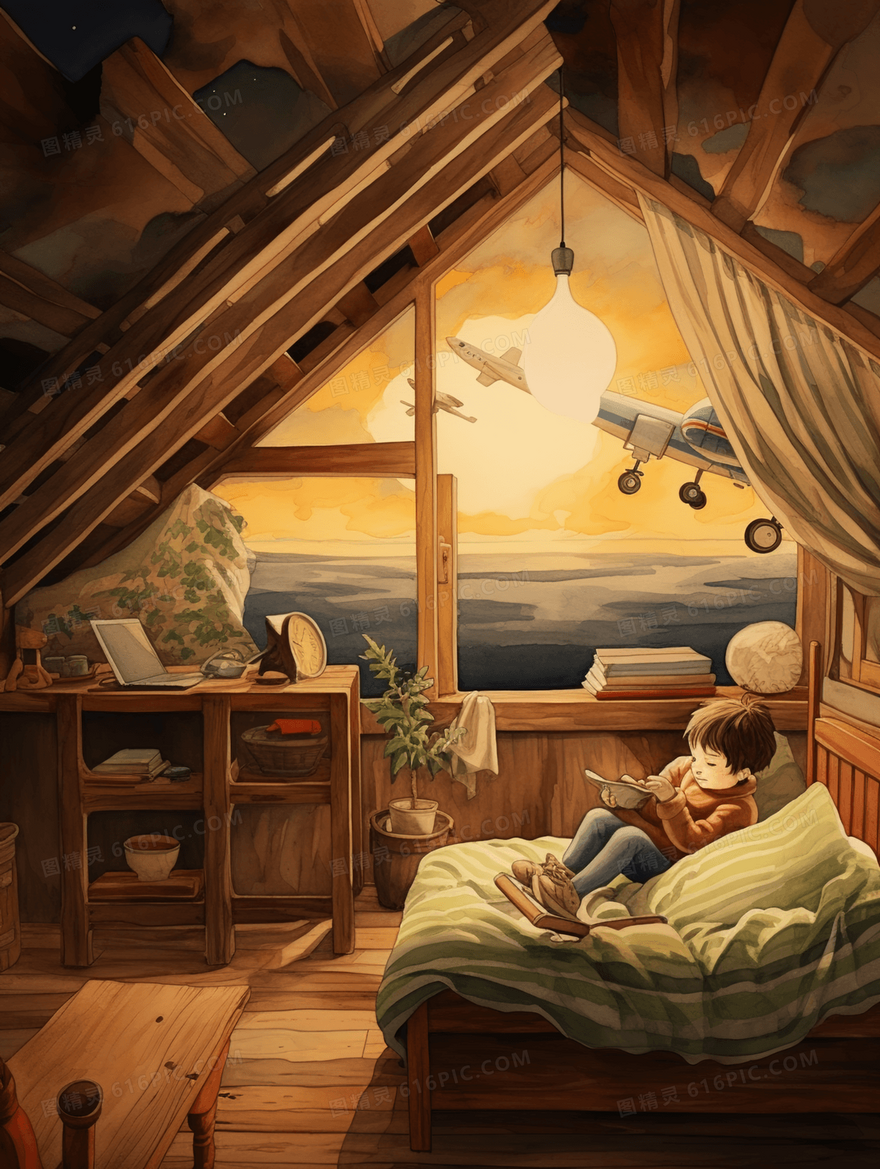 卡通男孩幻想小屋插画