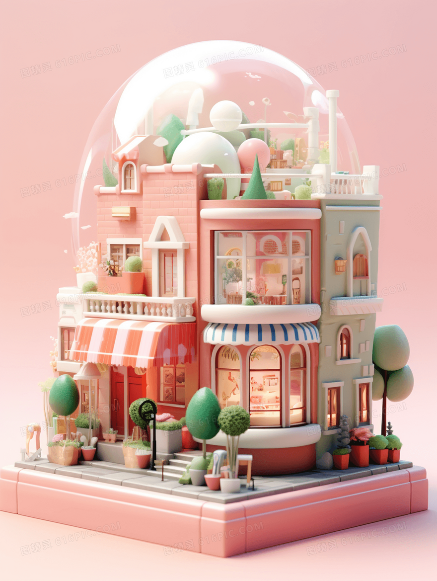 3D立体粉色卡通城堡玩具模型插画
