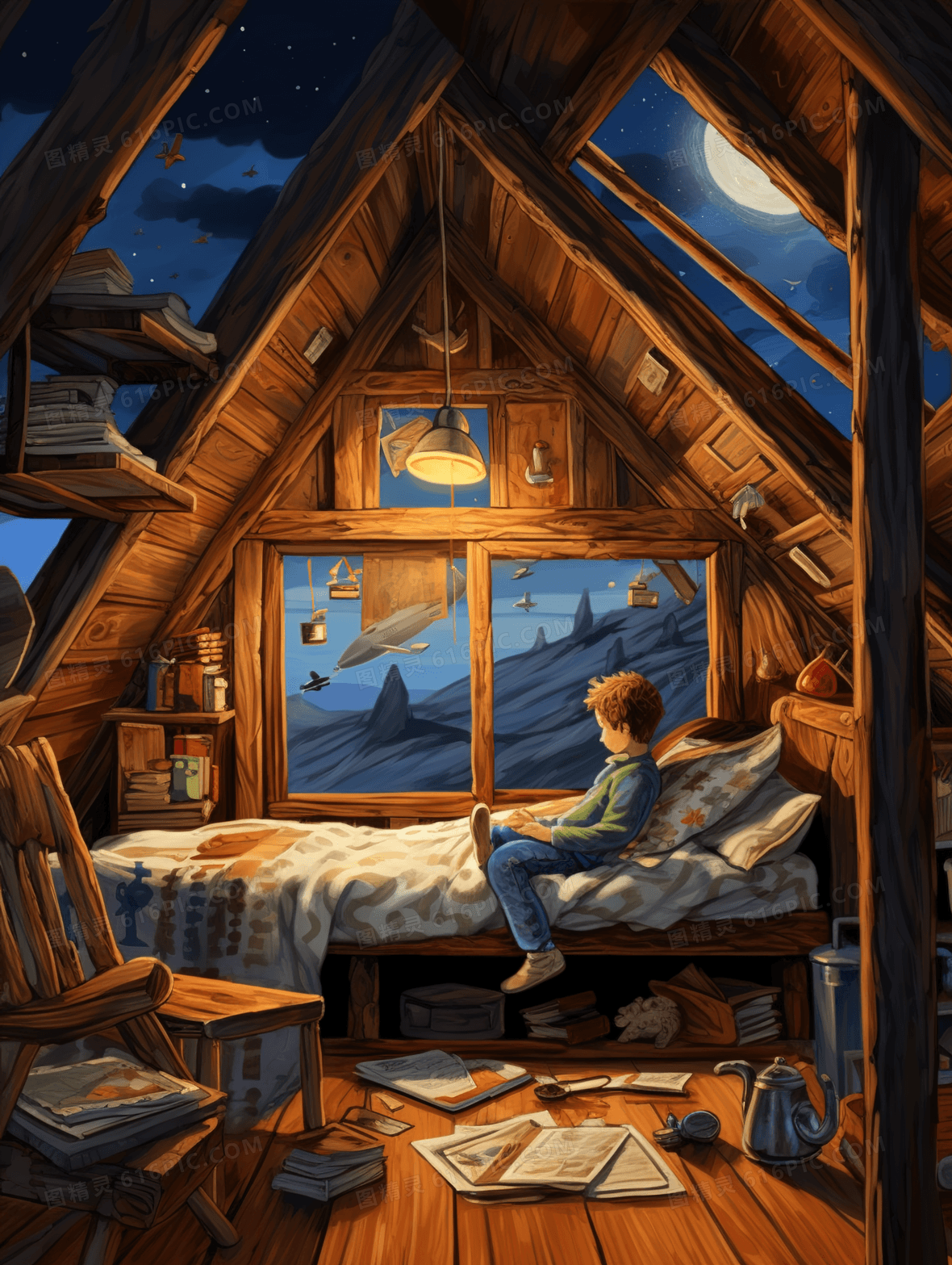 卡通男孩幻想小屋插画