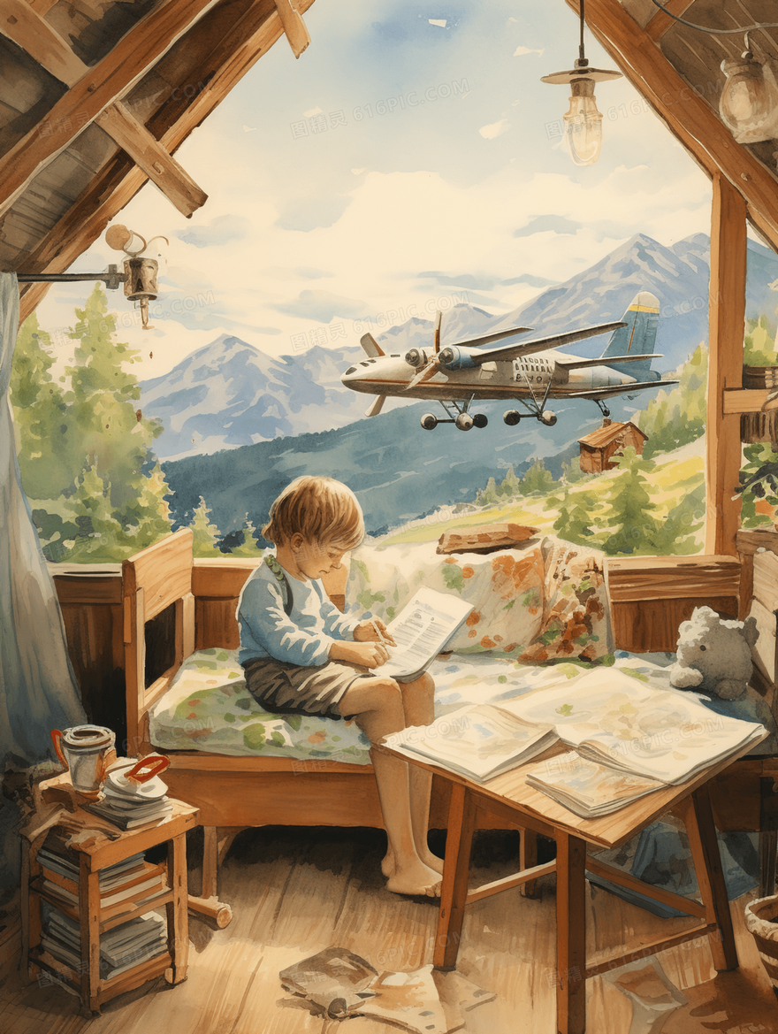 卡通男孩幻想小屋插画