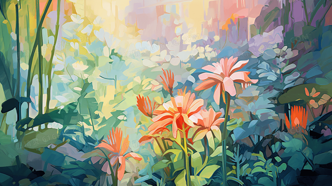 唯美彩色花瓣植物风景插画