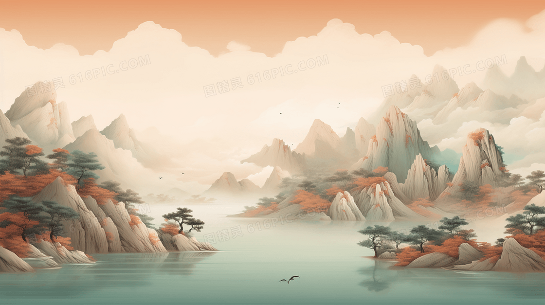 中国风唯美意境山水水墨风景插画