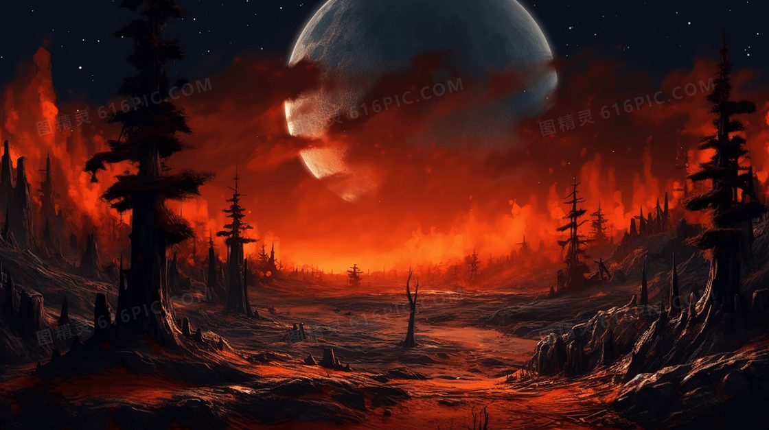 外太空世界末日大火蔓延风景插画