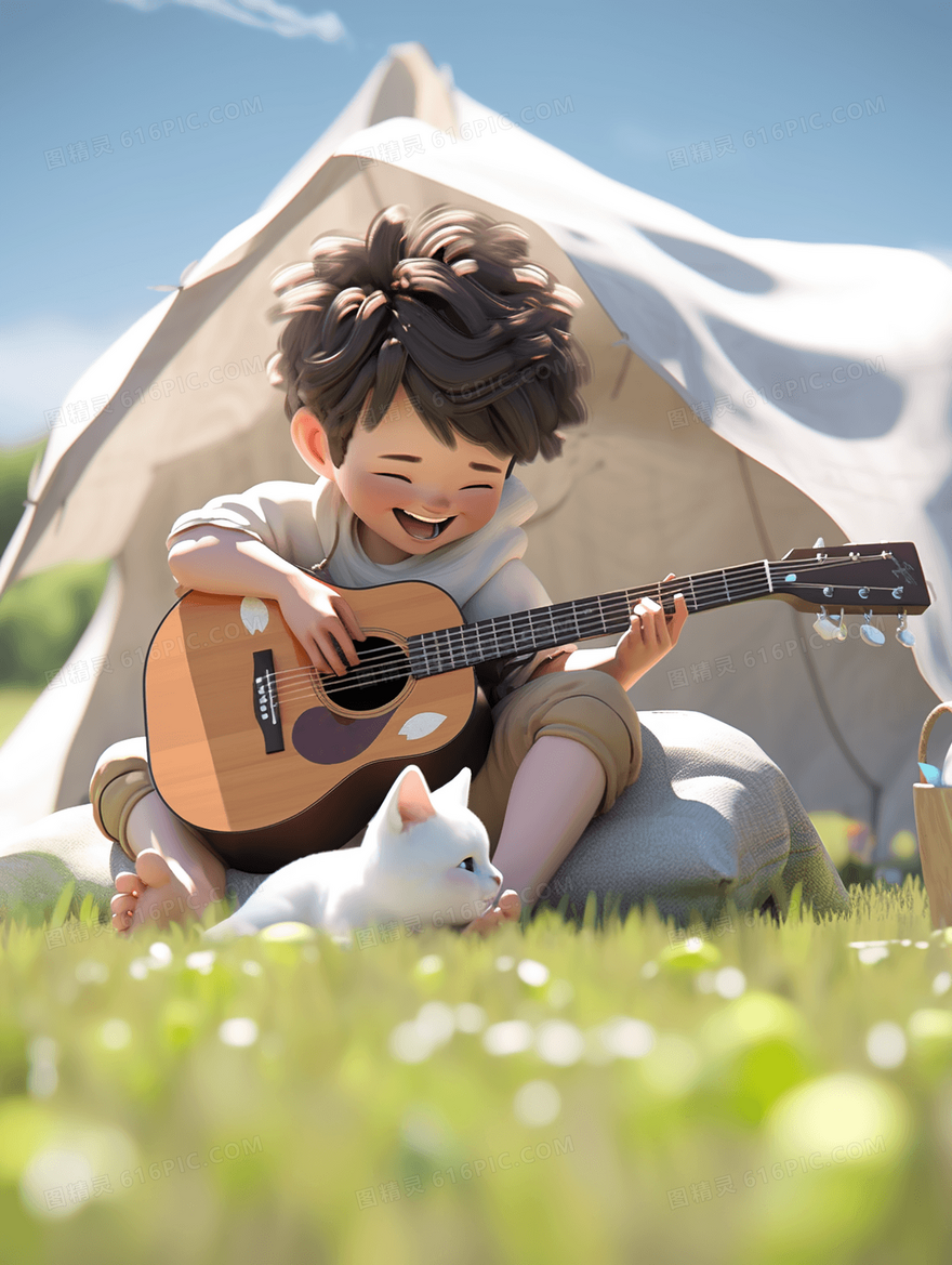 坐在草地上弹吉他的卡通男孩人物插画