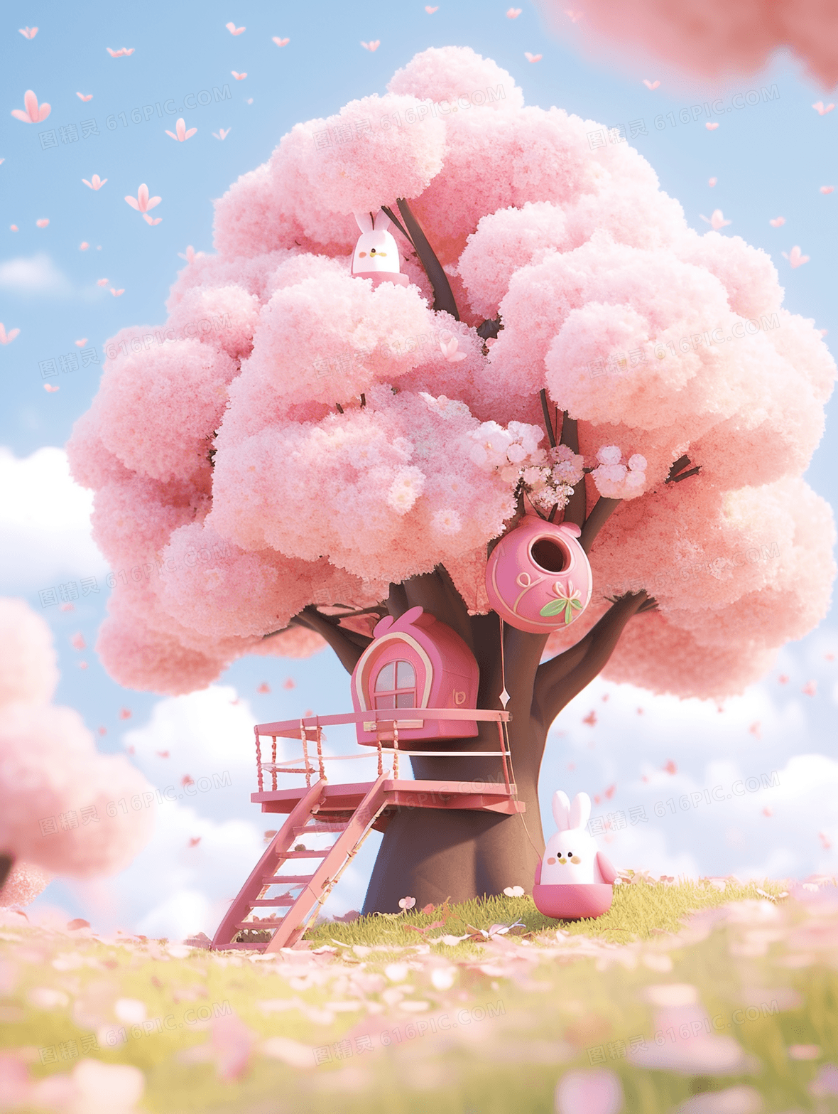 粉色唯美卡通大树插画