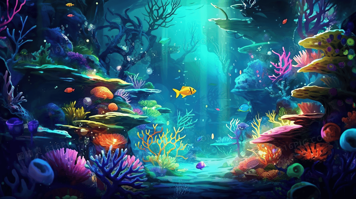 彩色唯美海底世界风景插画背景图片下载_2912x1632像素jpg格式_编号