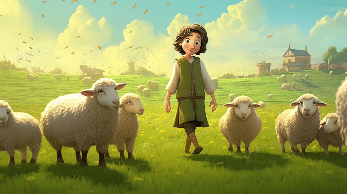 草原上放羊的卡通男孩插画
