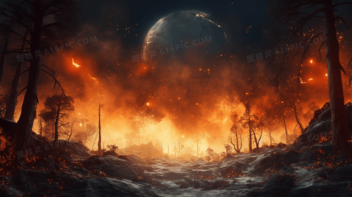 外太空世界末日大火蔓延风景插画