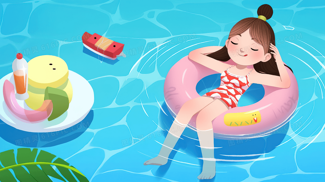 炎热的夏天可爱的泳装女孩躺在游泳池里晒太阳创意插画