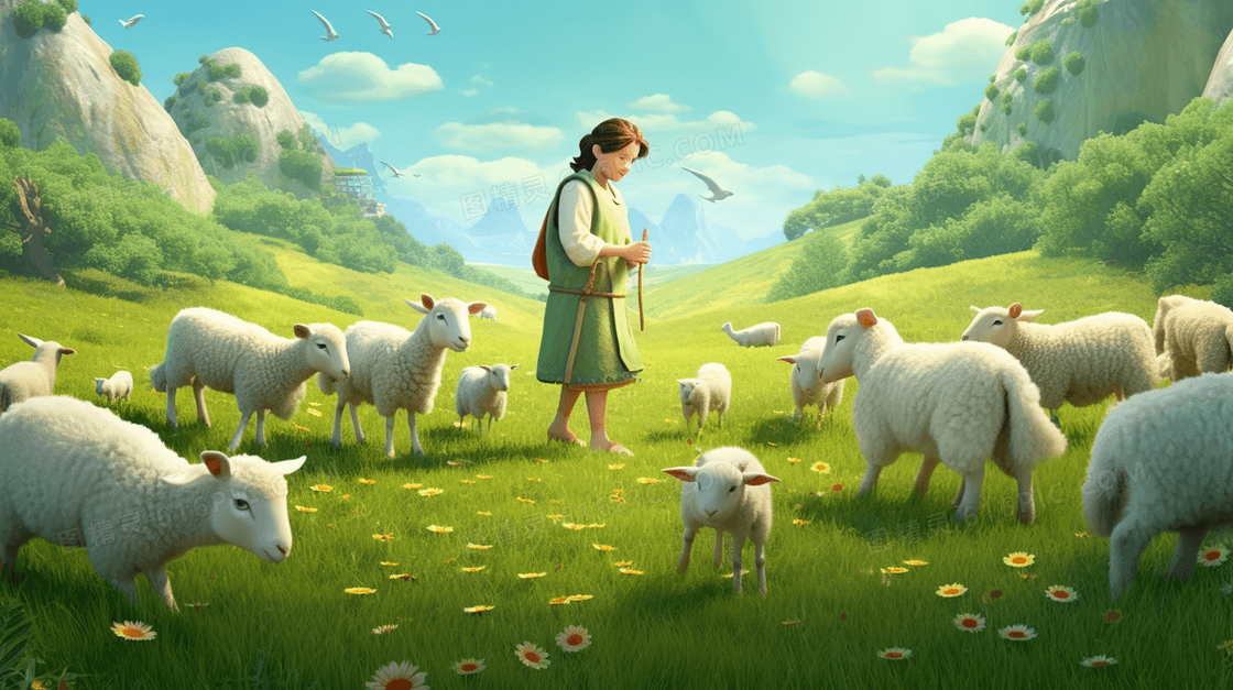 草原上放羊的卡通男孩插画