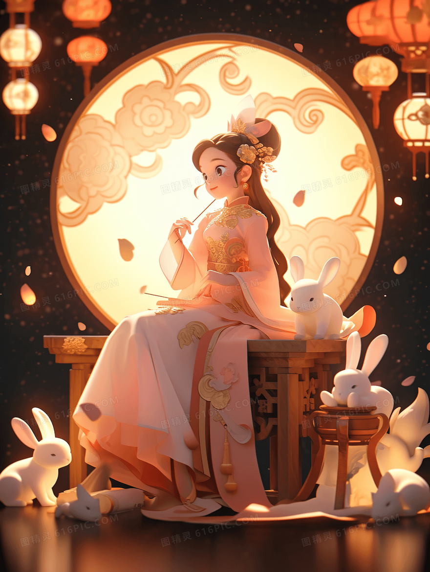 彩色卡通嫦娥玉兔插画