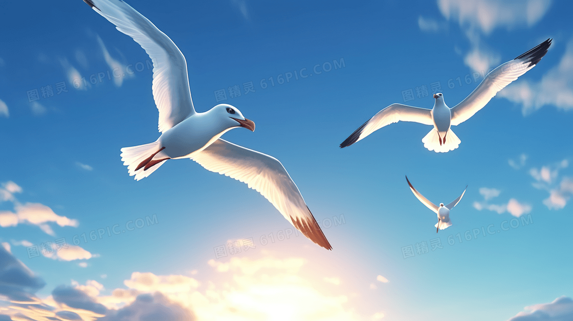 飞翔在天空中的白色海鸥卡通插画