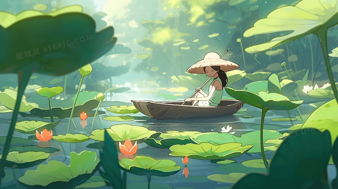 夏日荷花池划船的小女孩风景插画