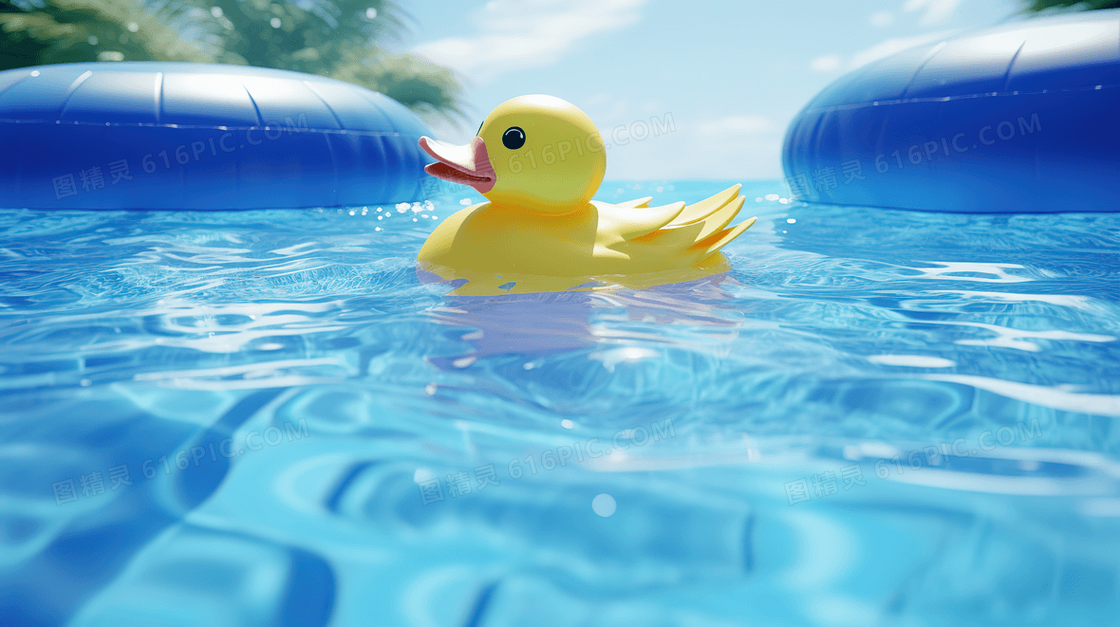 夏日游泳池上的小黄鸭游泳圈特写图片