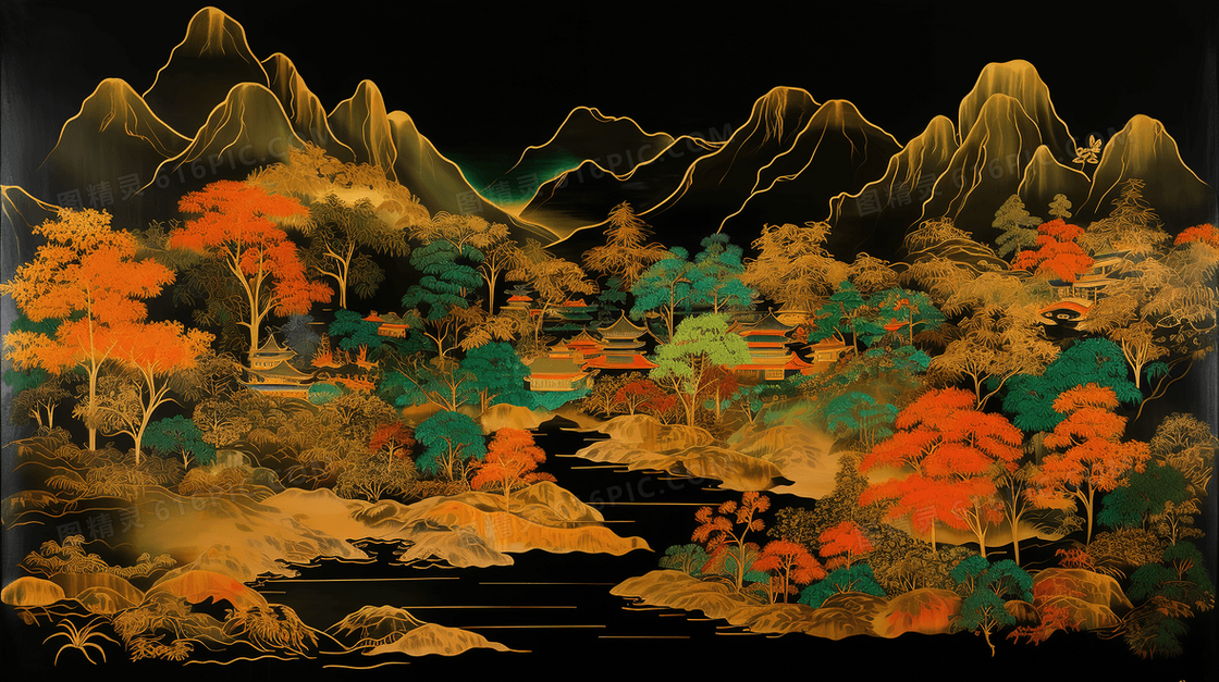 国潮风黑金山水风景插画