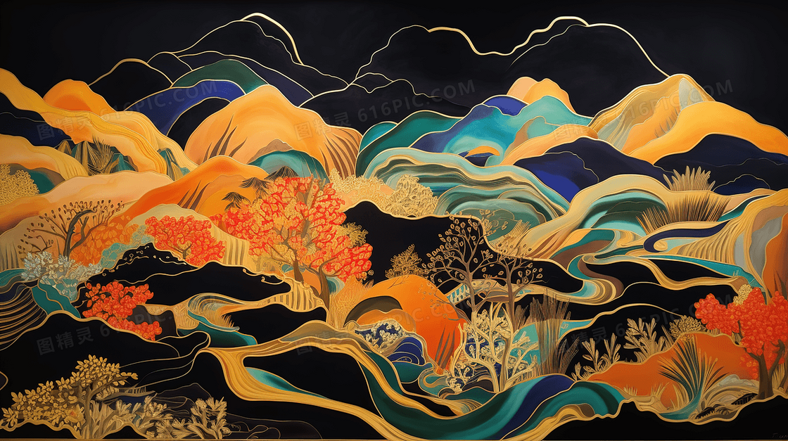 国潮风黑金山水风景插画