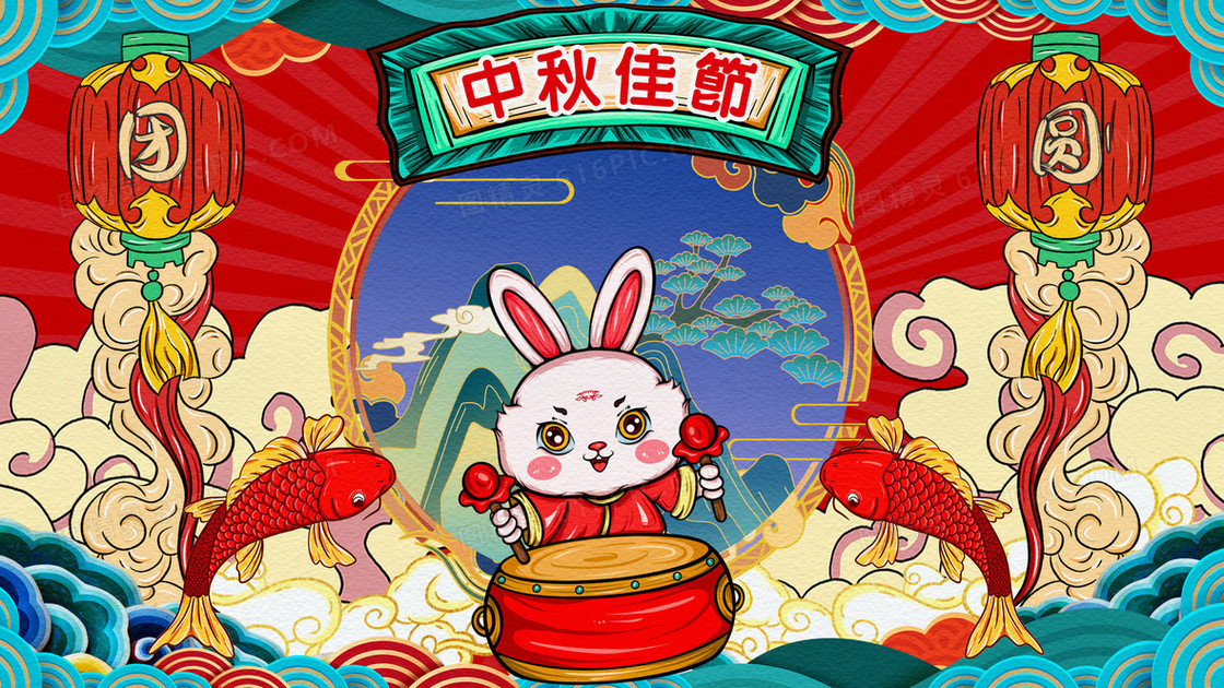 中秋玉兔敲鼓传统文化插画