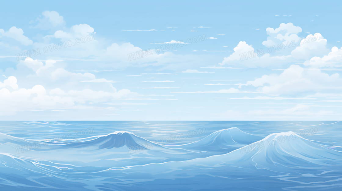 唯美蓝天白云大海风景插画