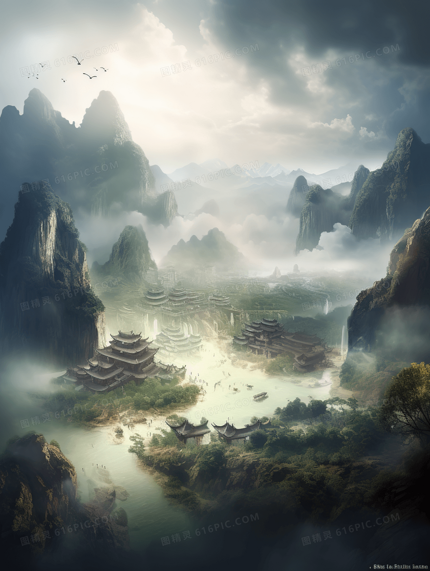 中国风唯美山水风景插画