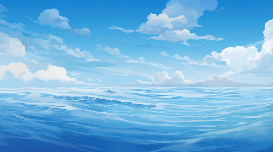 唯美蓝天白云大海风景插画