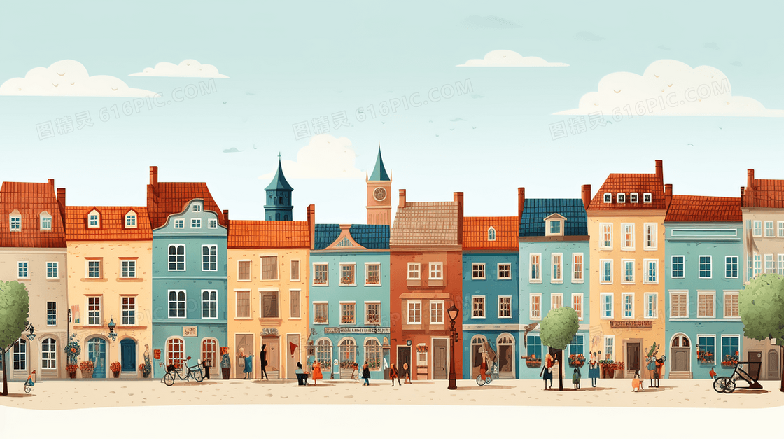 彩色卡通城市建筑街景插画