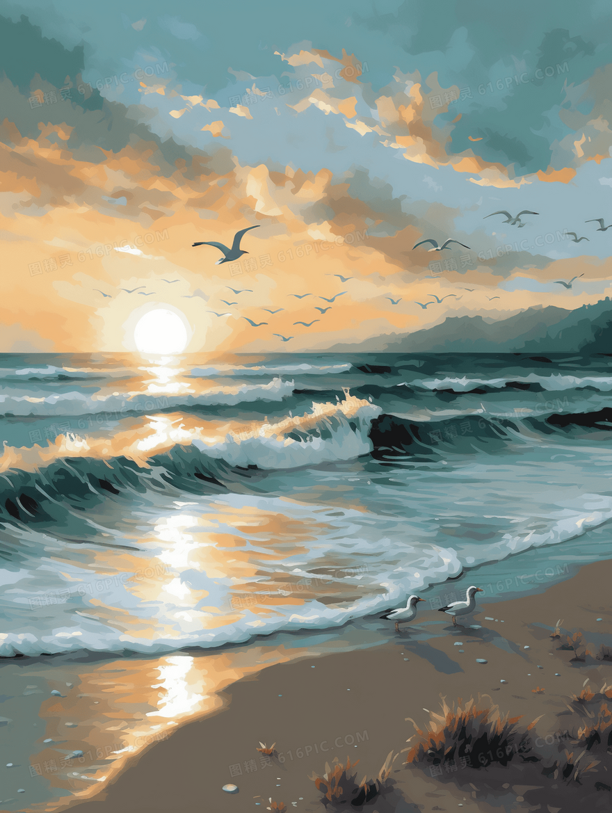唯美夏日沙滩海鸥风景插画