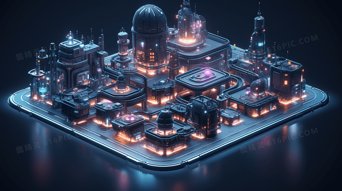 科技感3D立体城市建筑模型插画