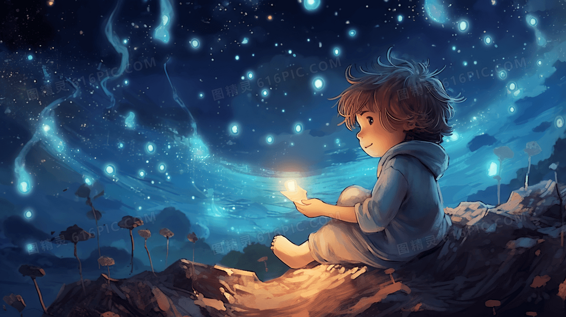 唯美星空下的卡通小男孩人物插画