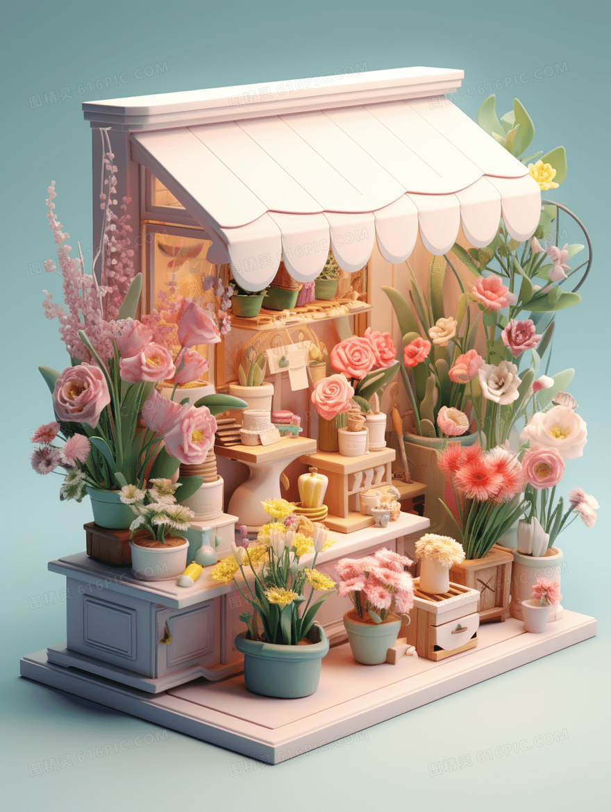 3D立体卡通花园小屋模型插画