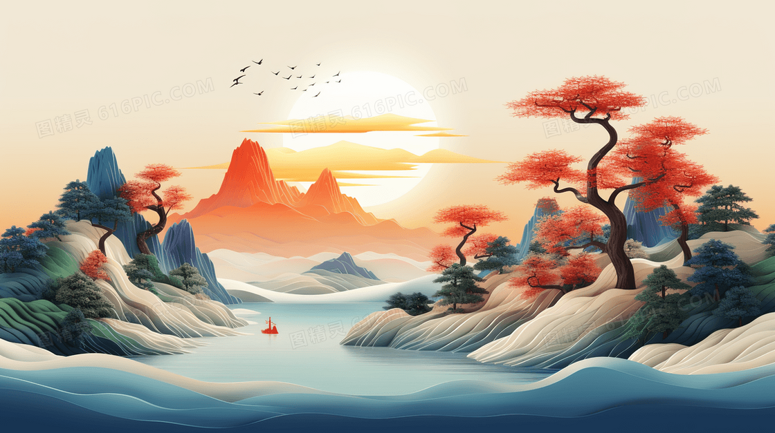 中国风唯美山水风景插画