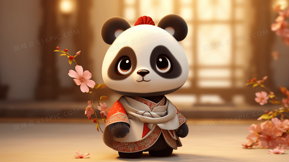 中式卡通唯美小熊猫插画