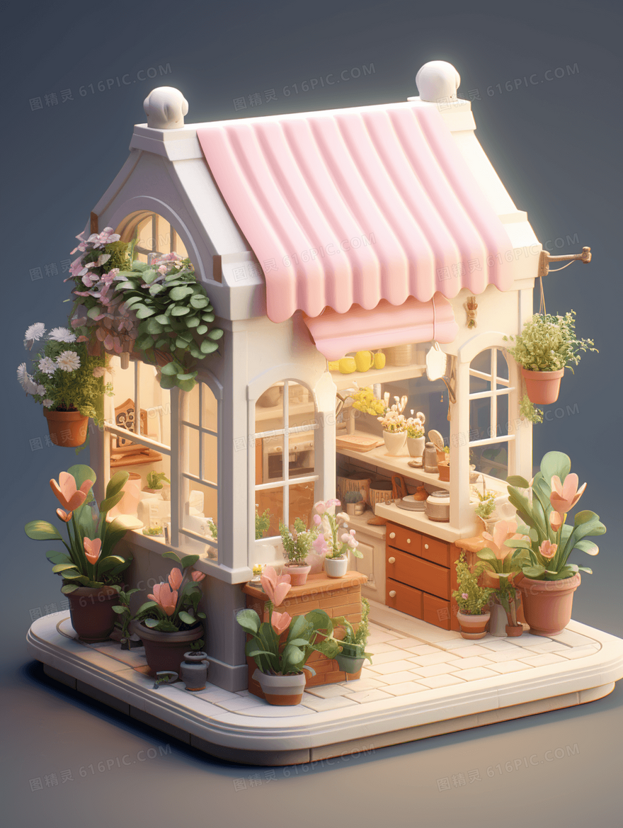 3D立体卡通花园小屋模型插画