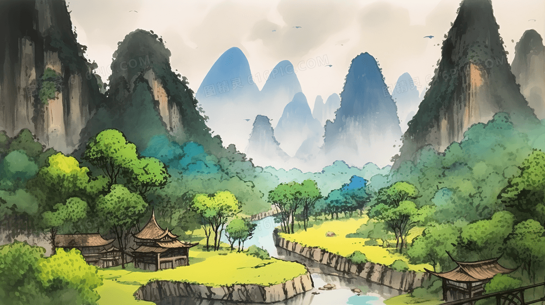 中国风唯美山水风景插画