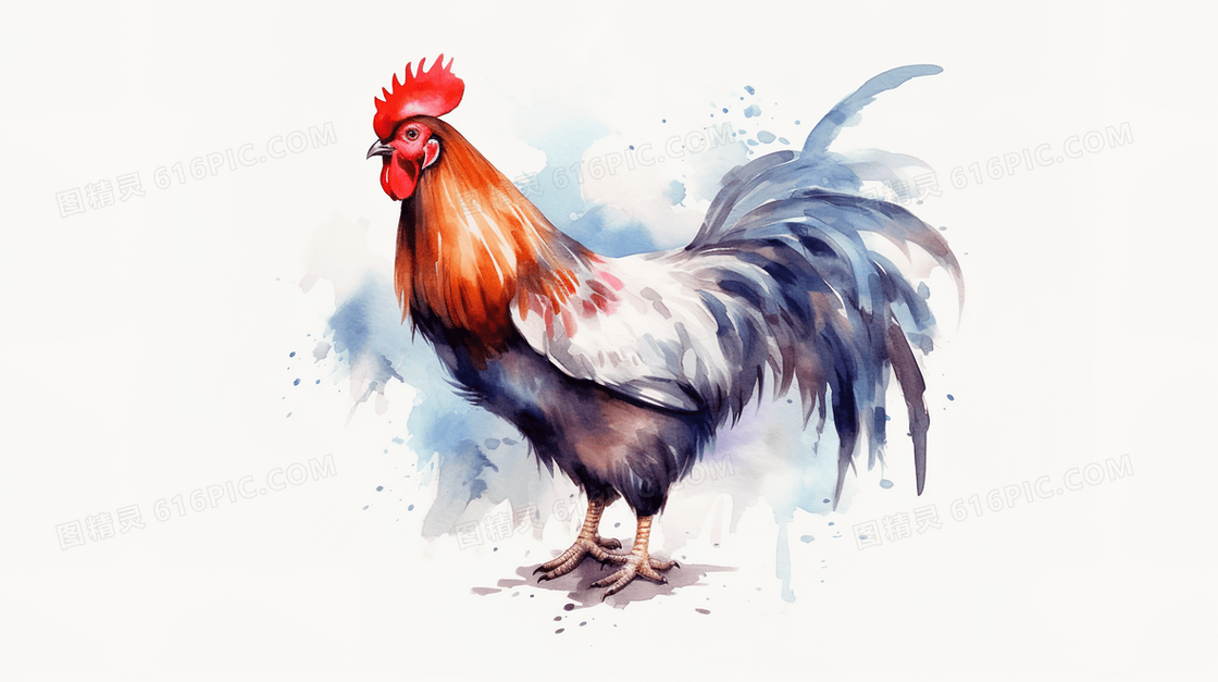 昂首挺立大公鸡水彩插画
