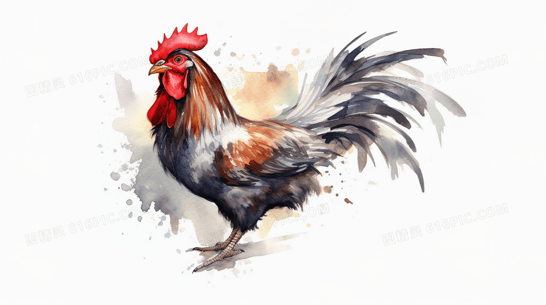 昂首挺立大公鸡水彩插画