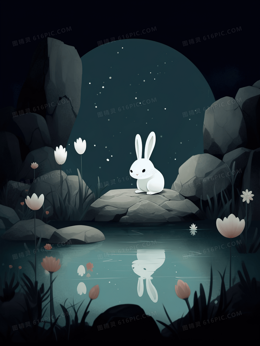 卡通风可爱白色兔子照湖面插画
