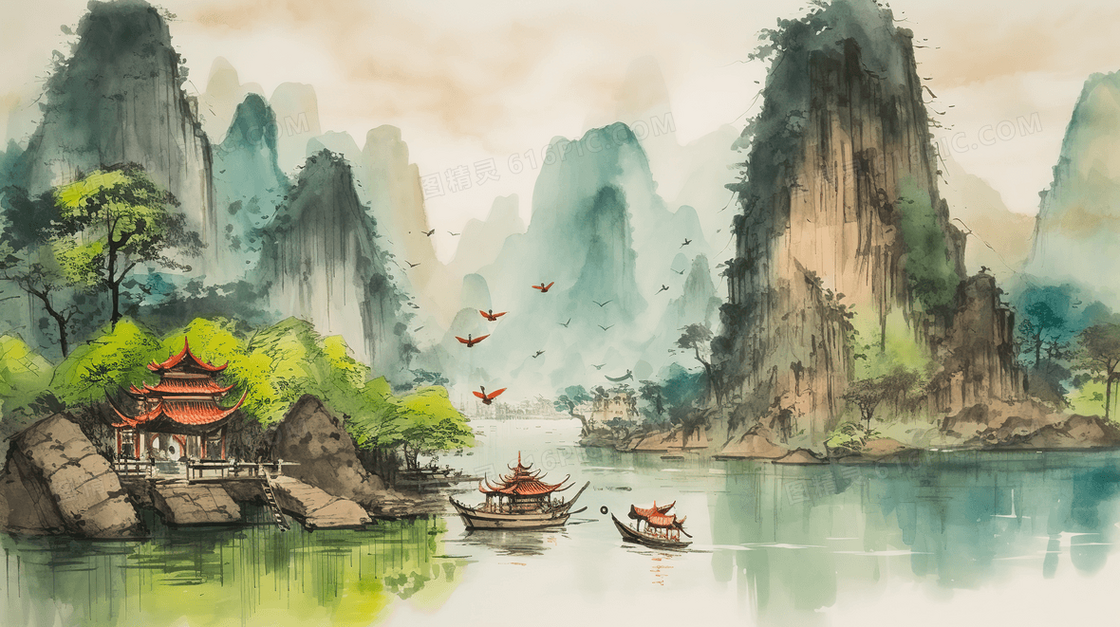 中国风唯美山水风景插画