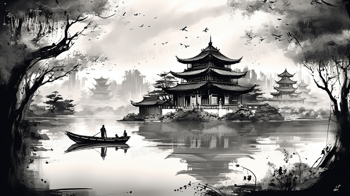 中国风山水风景黑白水墨插画