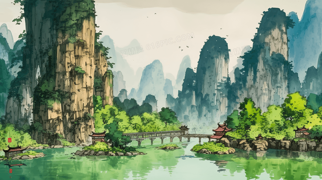 中国风唯美山水风景插画