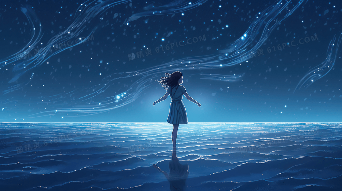 蓝色星空下海上少女人物插画