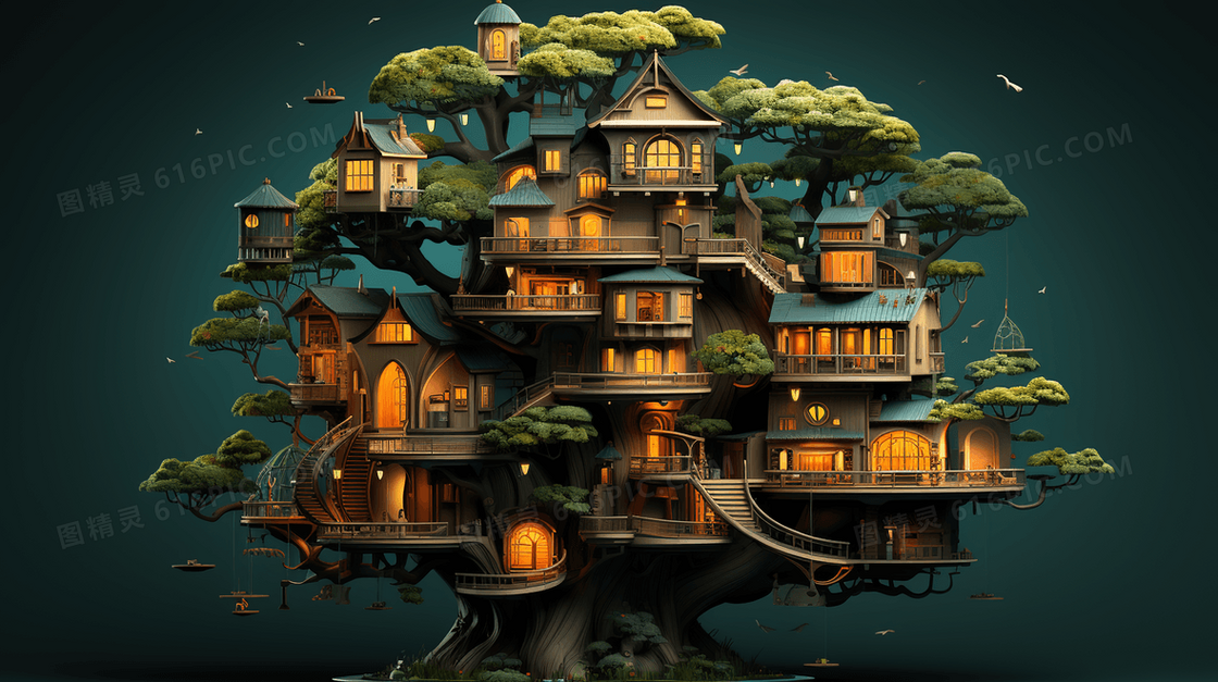卡通大树上的小屋子