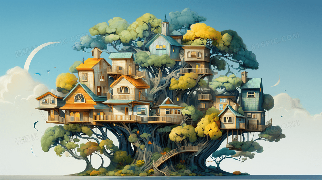 卡通大树上的小屋子