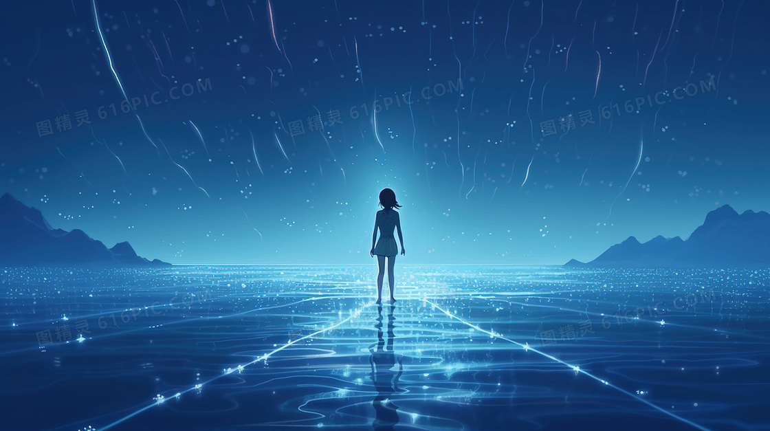 蓝色星空下海上少女人物插画